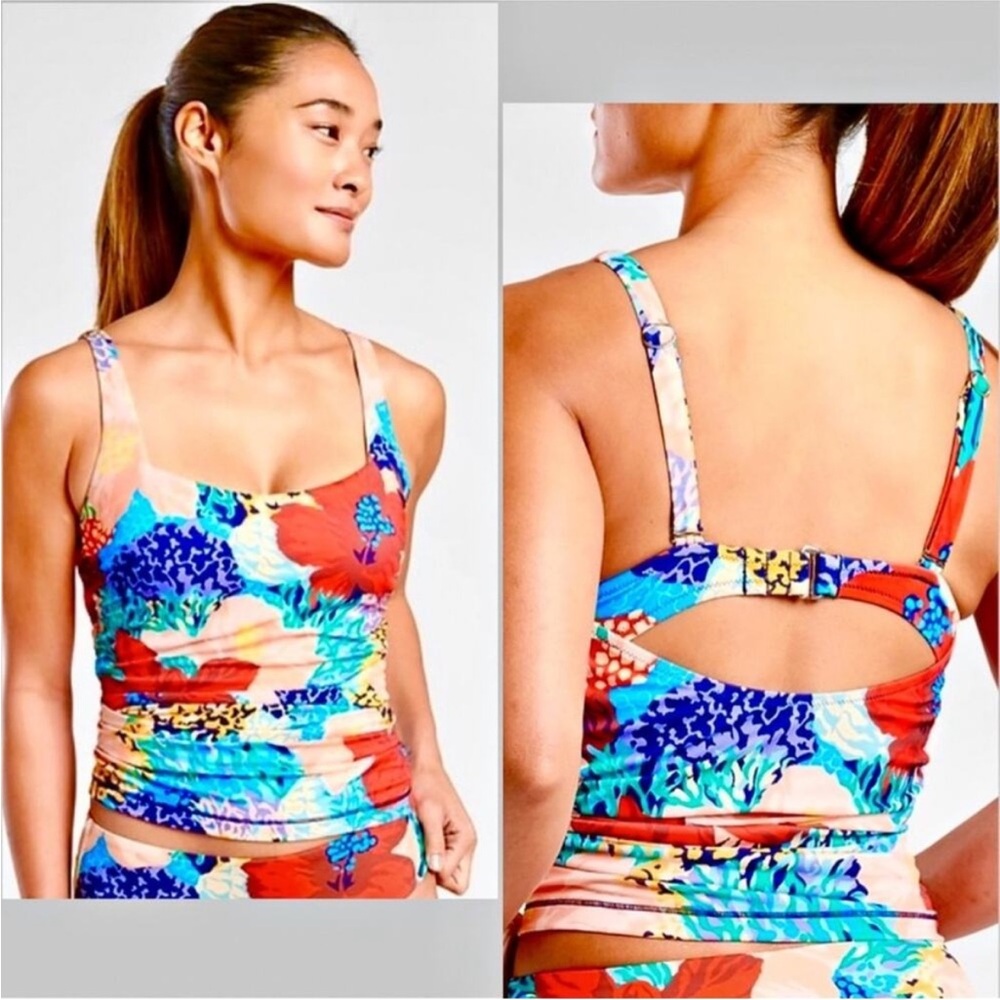 Athleta square neck bra cup Bora bora print bikini tankini top floral underwire